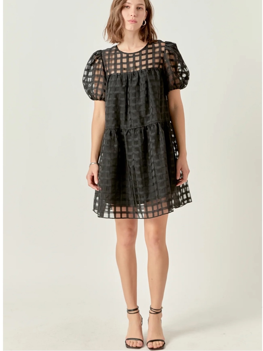 Tuckernuck Black Sheer Windowpane Tiered Mini Dress